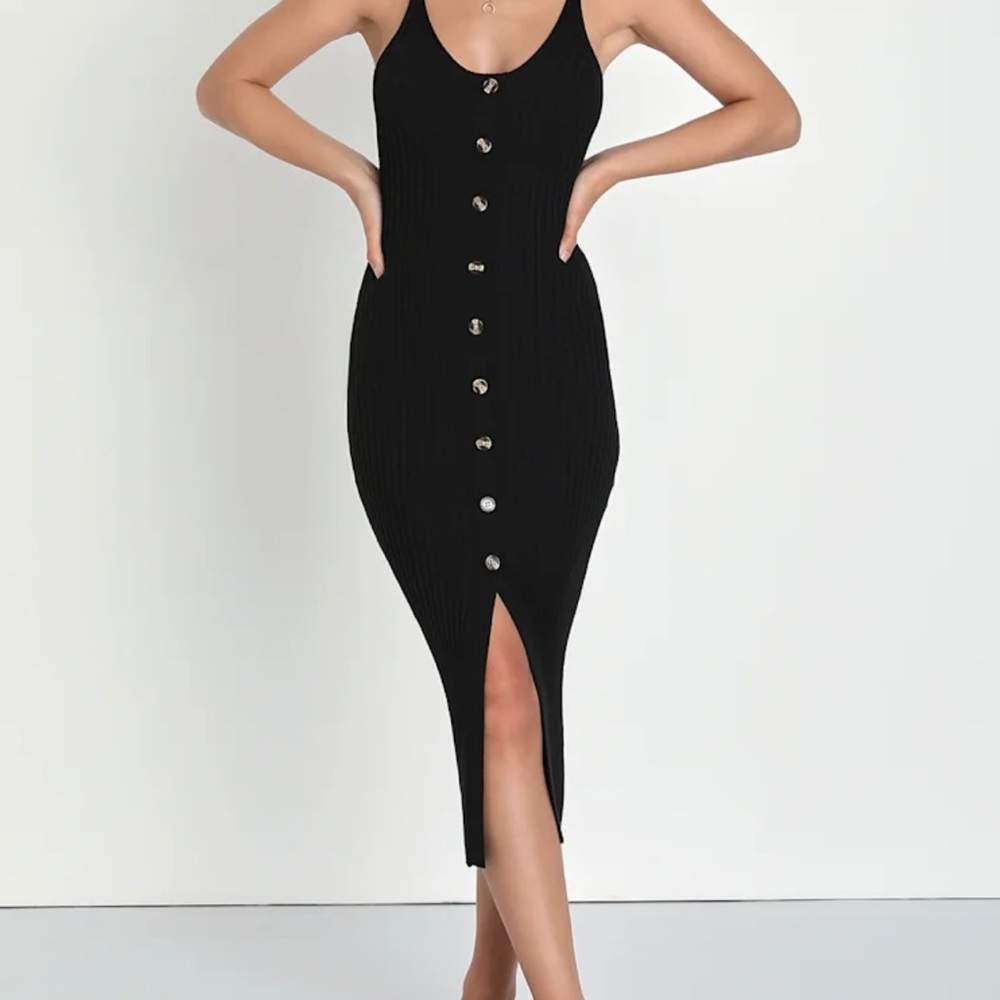 Express Black Lined Midi Dress with Button Detail - Picture 1 of 9